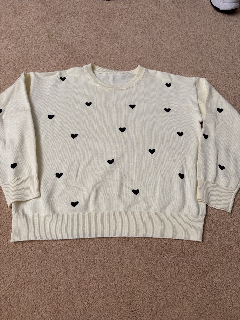 Cream Heart-Print Crewneck Sweater